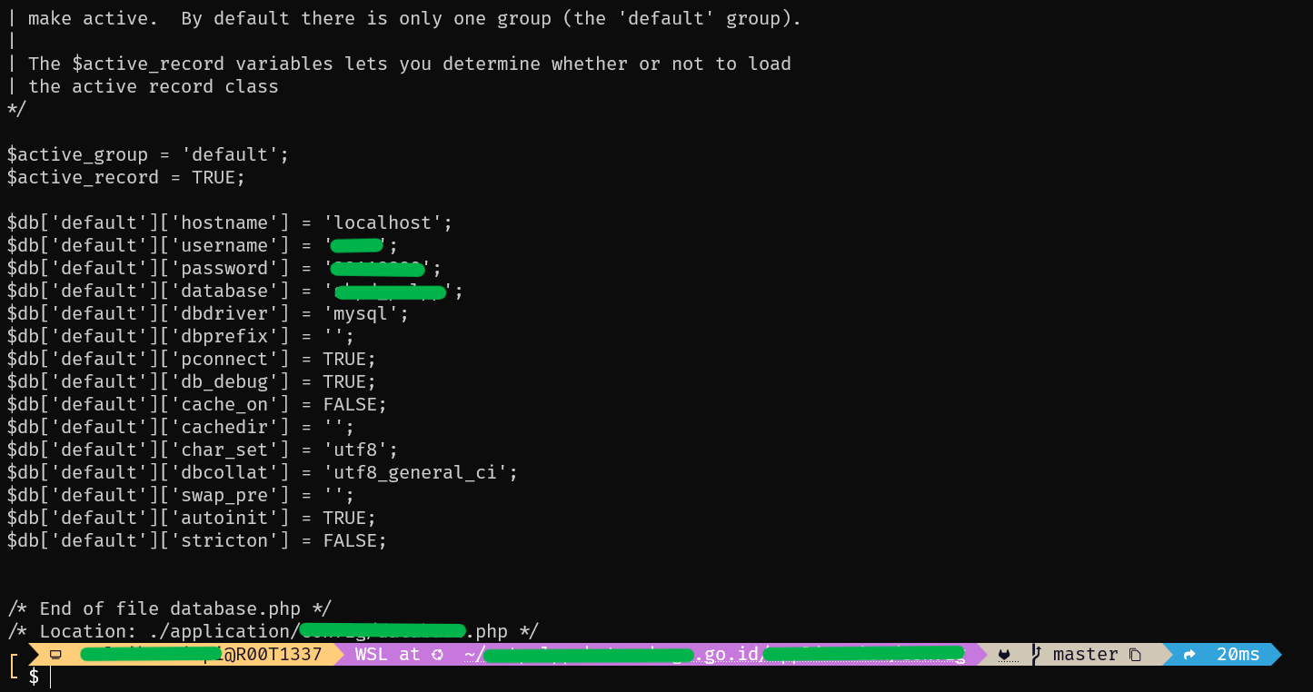 Isi file database.php yang berisi kredensial